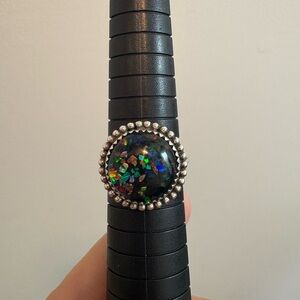 Black Lab Opal Ring Confetti Rainbow Sterling Silver Size 8